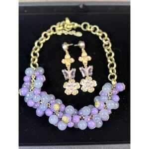 Robert Rose Butterfly Flower Necklace Earrings Set Gold Purple Beaded Neclace